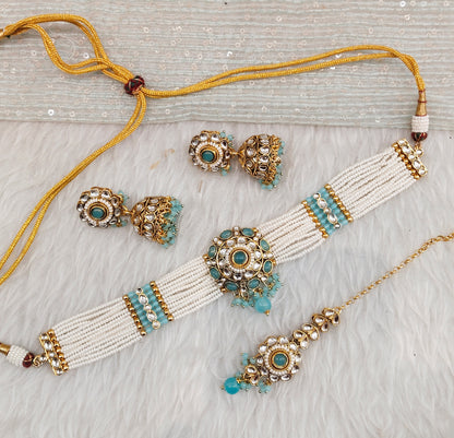 Sky Blue Kundan Choker Jewellery Farhat Set