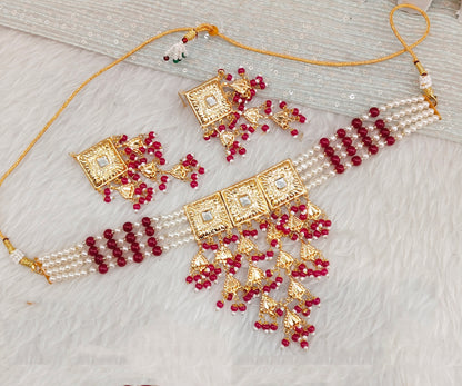 Majenta Gold Jadau Punjabi Style Choker Jewellery Smith Set