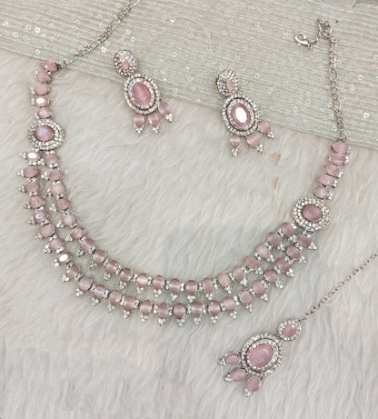 Pink Silver CZ Necklace Jewellery Gajrup Set