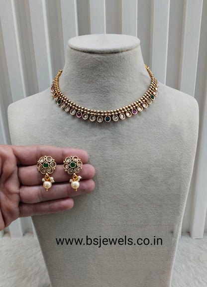 Ruby Green Gold Polki Necklace Jewellery set