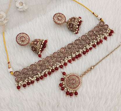 Ruby Antique Gold Choker Jewellery Mika Set