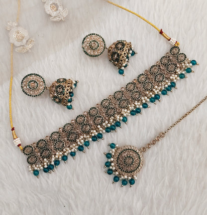 Rama Green Antique Gold Choker Jewellery Mika Set