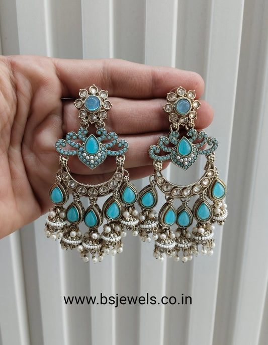Sky Blue Antique Gold Bollywood Mamber Earrings
