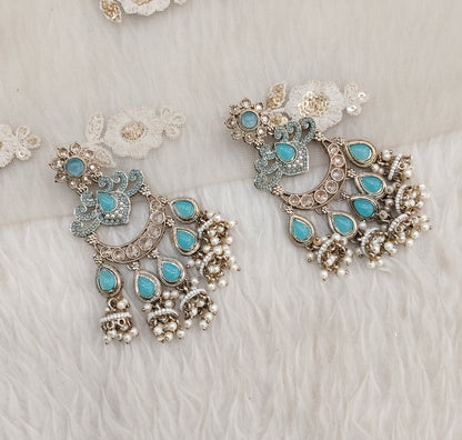 Sky Blue Antique Gold Bollywood Mamber Earrings
