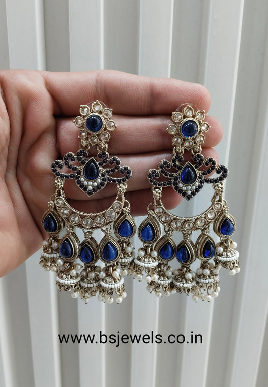 Blue Antique Gold Bollywood Mamber Earrings