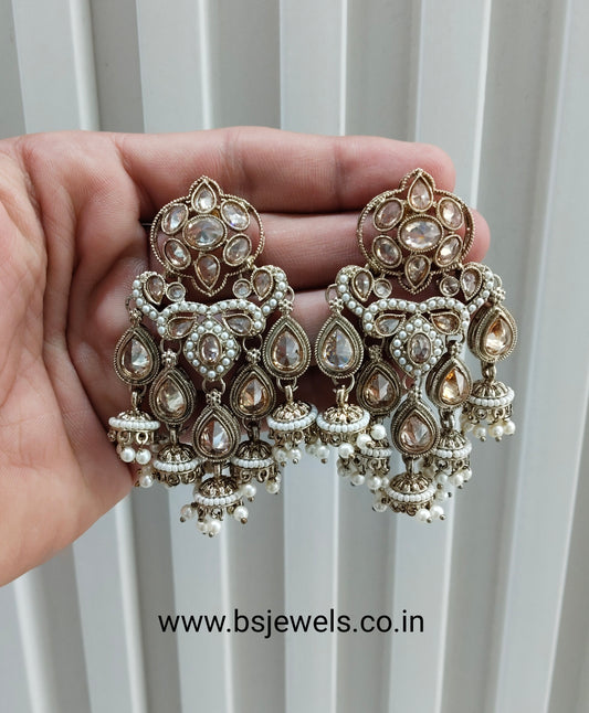 White Antique Gold Bollywood Sarpunch Earrings