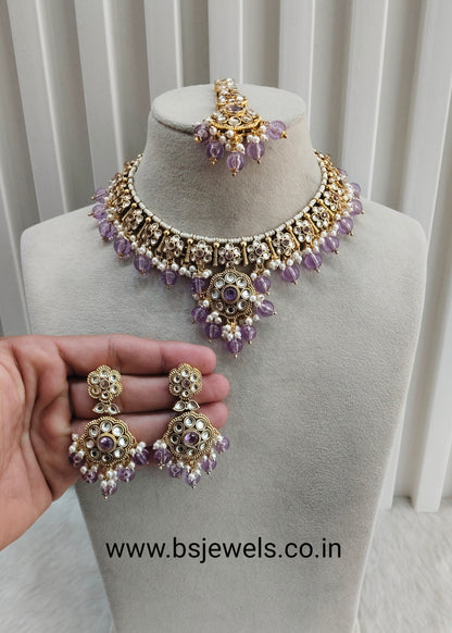 Lavender Gold Kundan Necklace Jewellery Surya Set