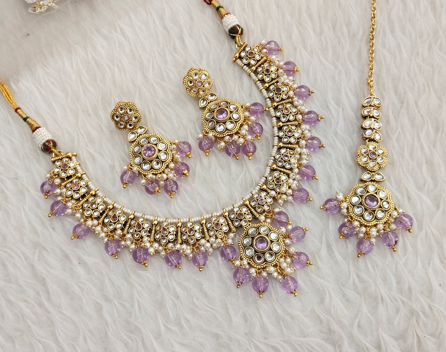 Lavender Gold Kundan Necklace Jewellery Surya Set