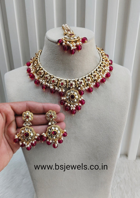 Majenta Gold Kundan Necklace Jewellery Surya Set