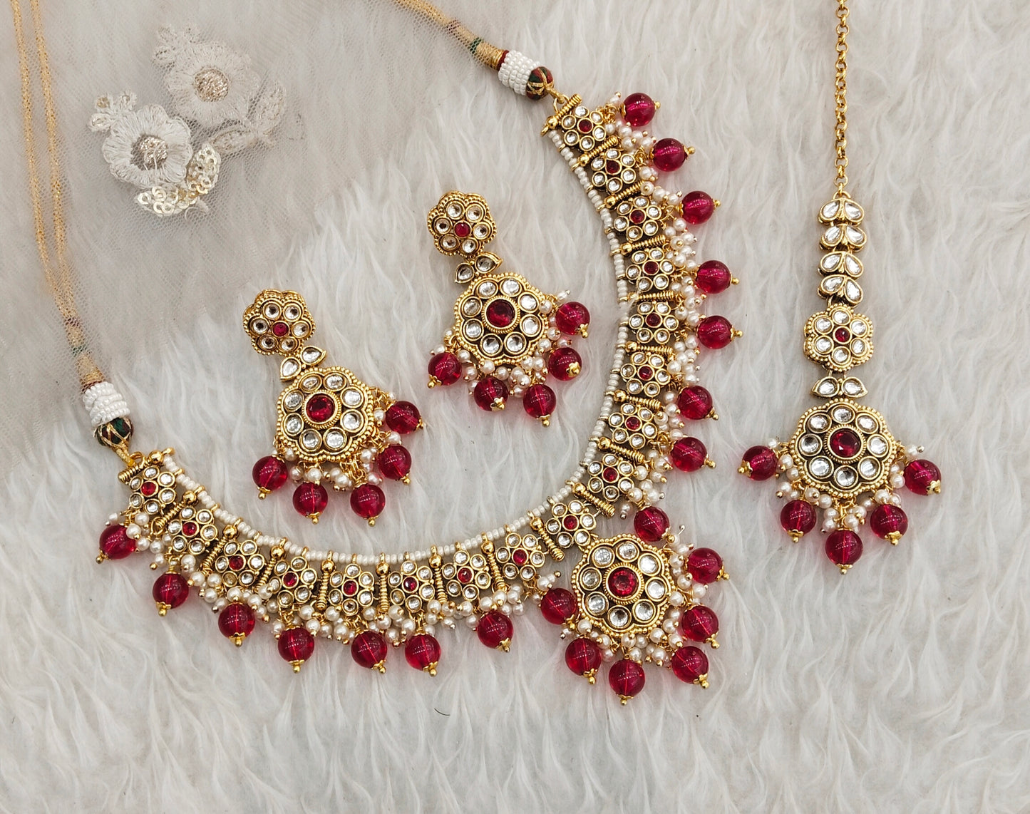 Majenta Gold Kundan Necklace Jewellery Surya Set