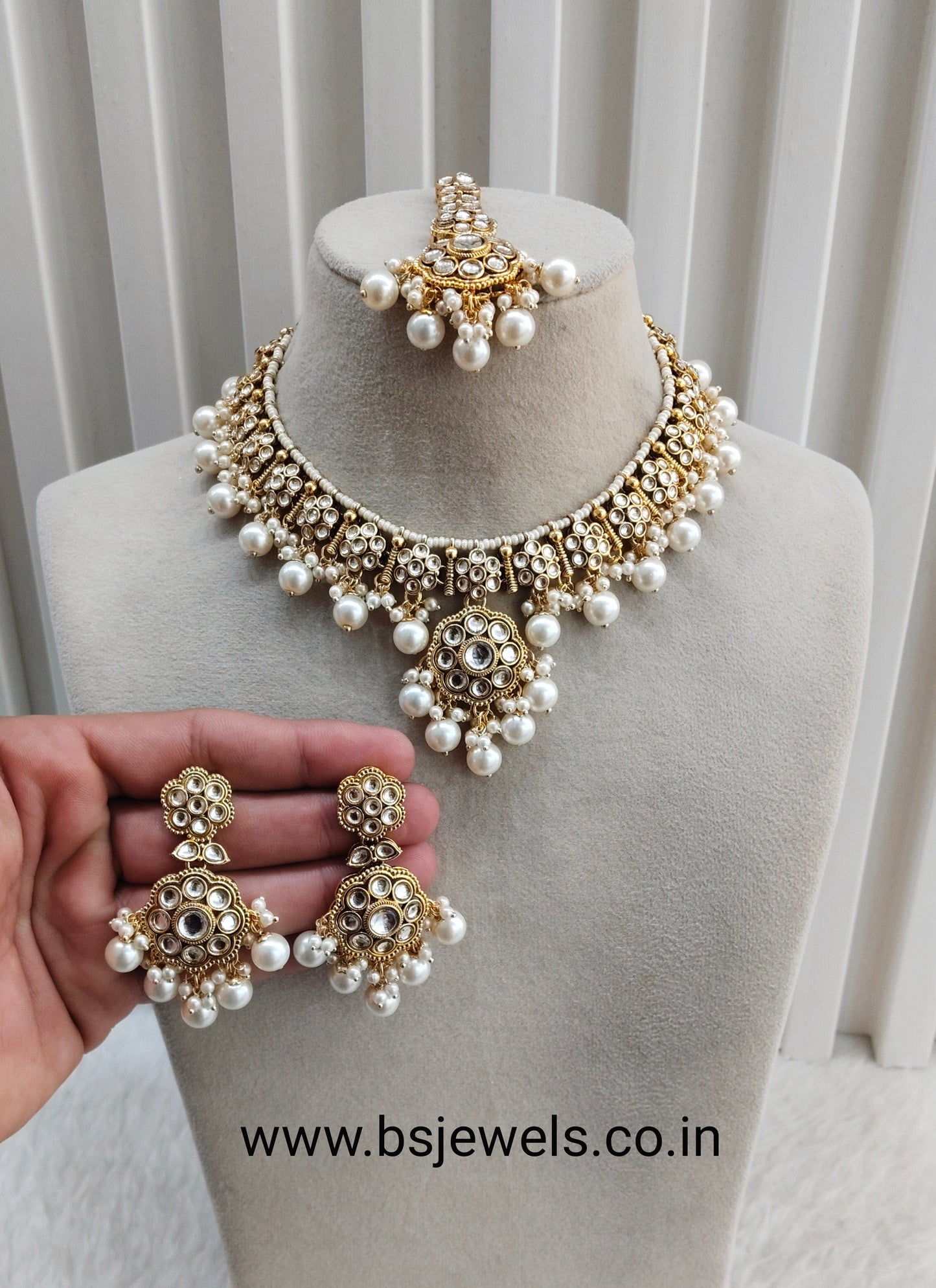 White Gold Kundan Necklace Jewellery Surya Set