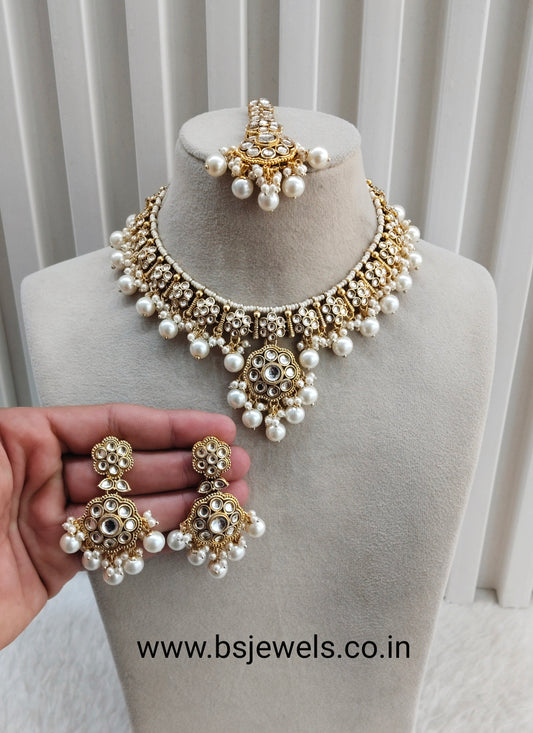 White Gold Kundan Necklace Jewellery Surya Set