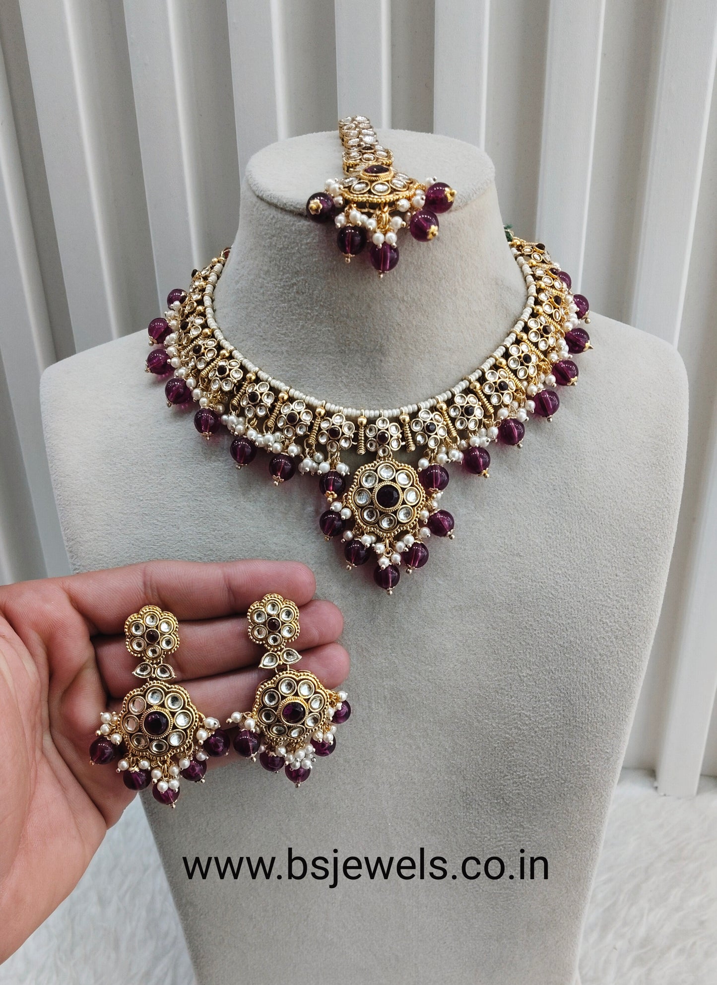 Purple Gold Kundan Necklace Jewellery Surya Set