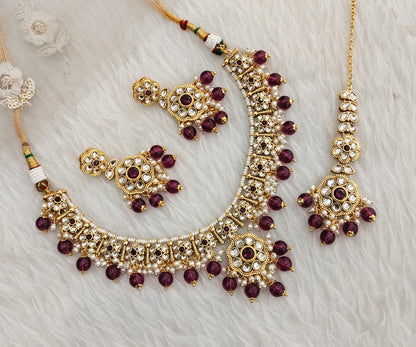 Purple Gold Kundan Necklace Jewellery Surya Set