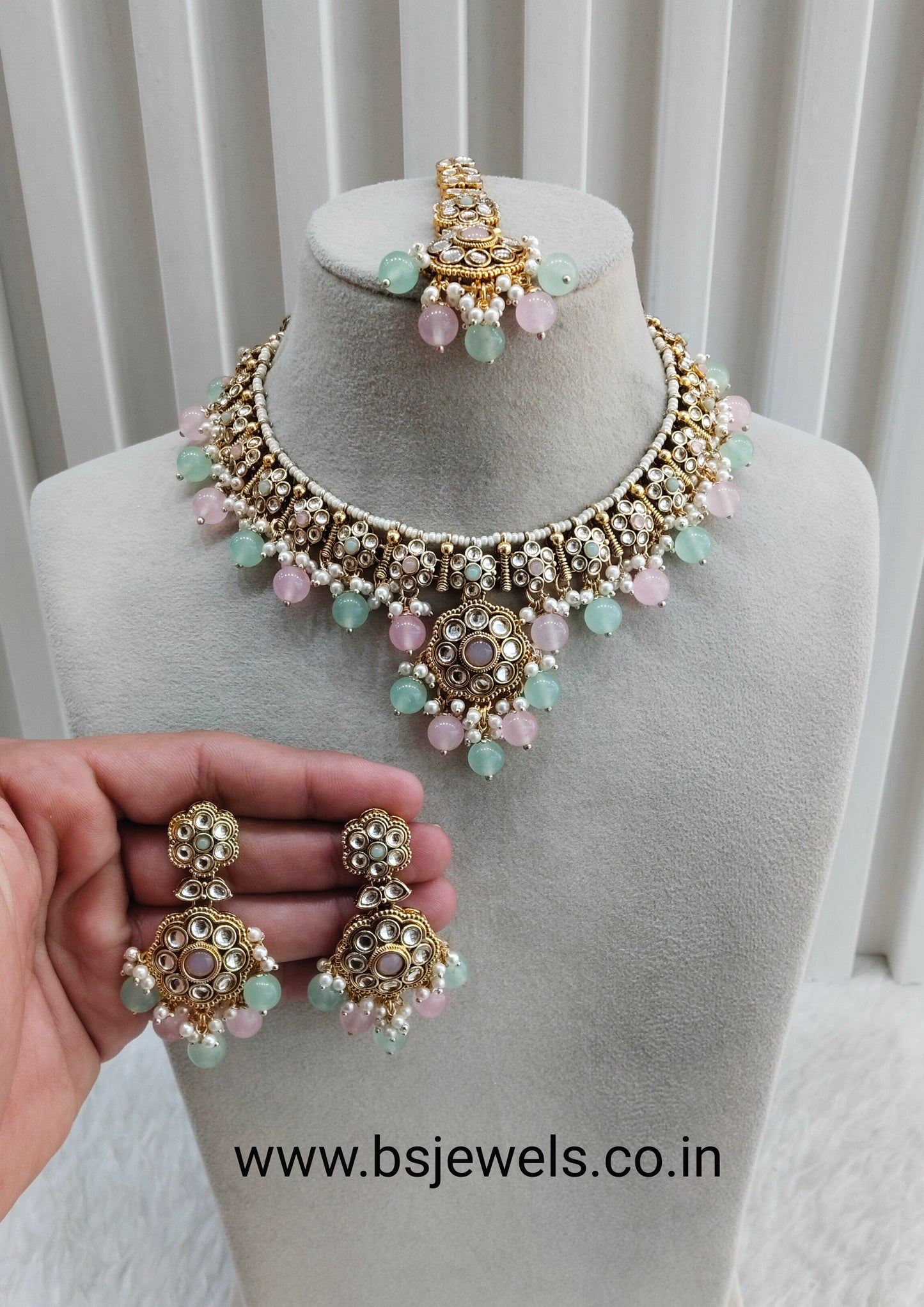 Mint Pink Gold Kundan Necklace Jewellery Surya Set