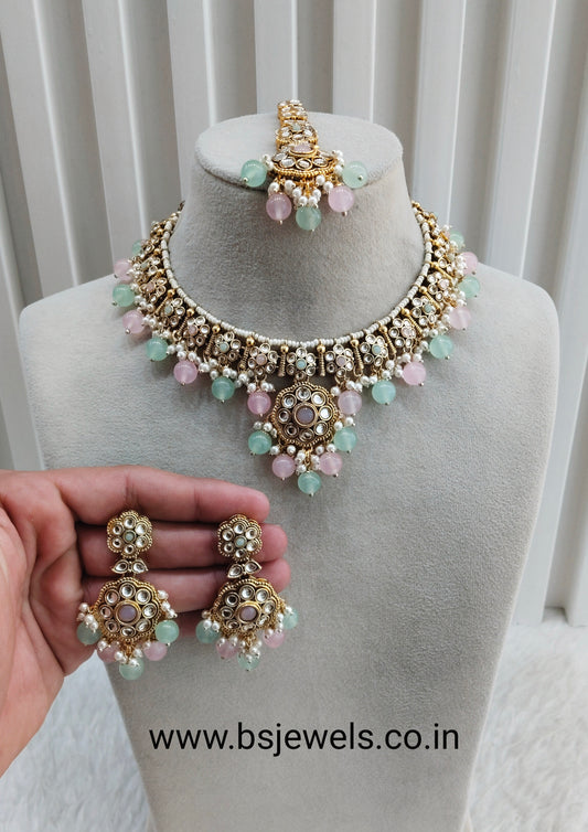 Mint Pink Gold Kundan Necklace Jewellery Surya Set