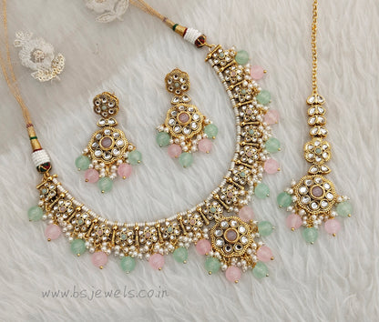 Mint Pink Gold Kundan Necklace Jewellery Surya Set