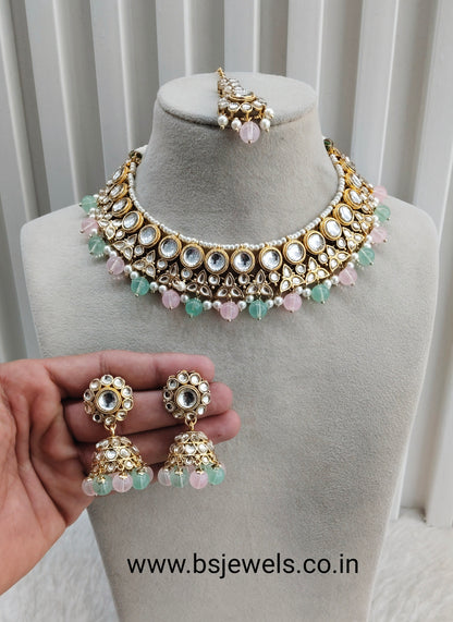 Mint Pink Gold Kundan Necklace Jewellery Ricky Set