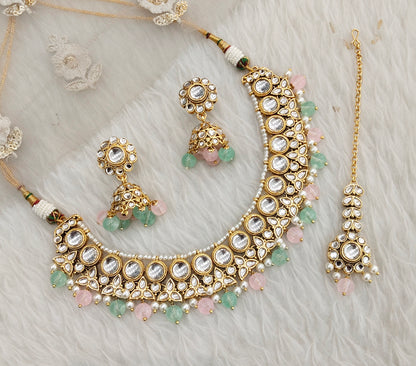 Mint Pink Gold Kundan Necklace Jewellery Ricky Set