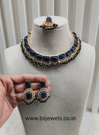 Blue Gold Monalisa Kundan Necklace Jewellery Rock Set