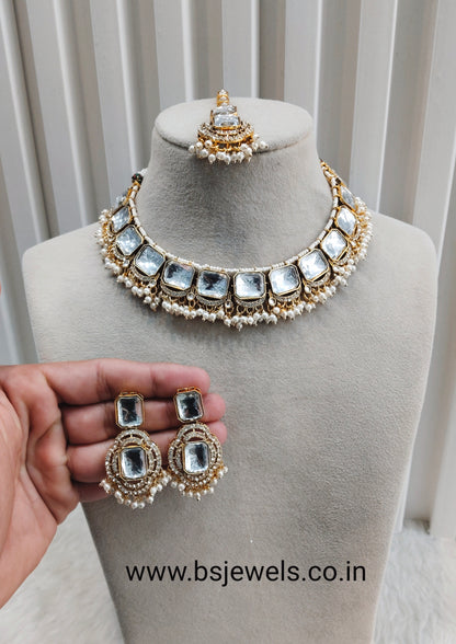 White Gold Monalisa Kundan Necklace Jewellery Rock Set