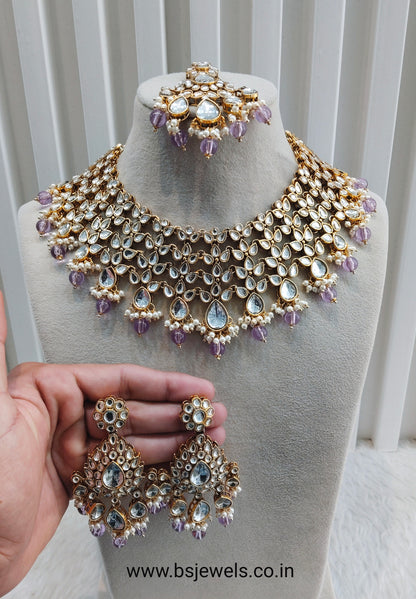 Lavender Gold Kundan Necklace Jewellery Rishab Set