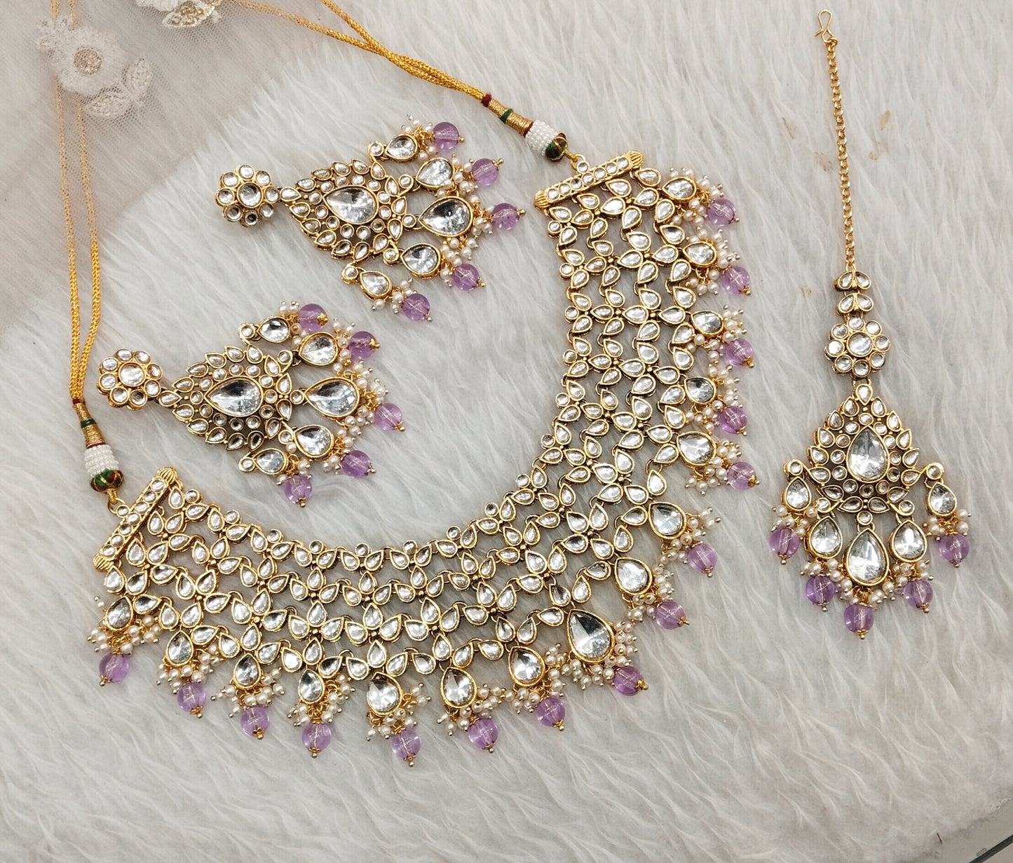 Lavender Gold Kundan Necklace Jewellery Rishab Set
