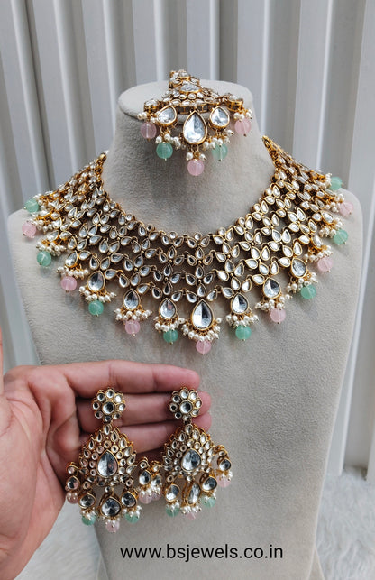 Mint Pink Gold Kundan Necklace Jewellery Rishab Set