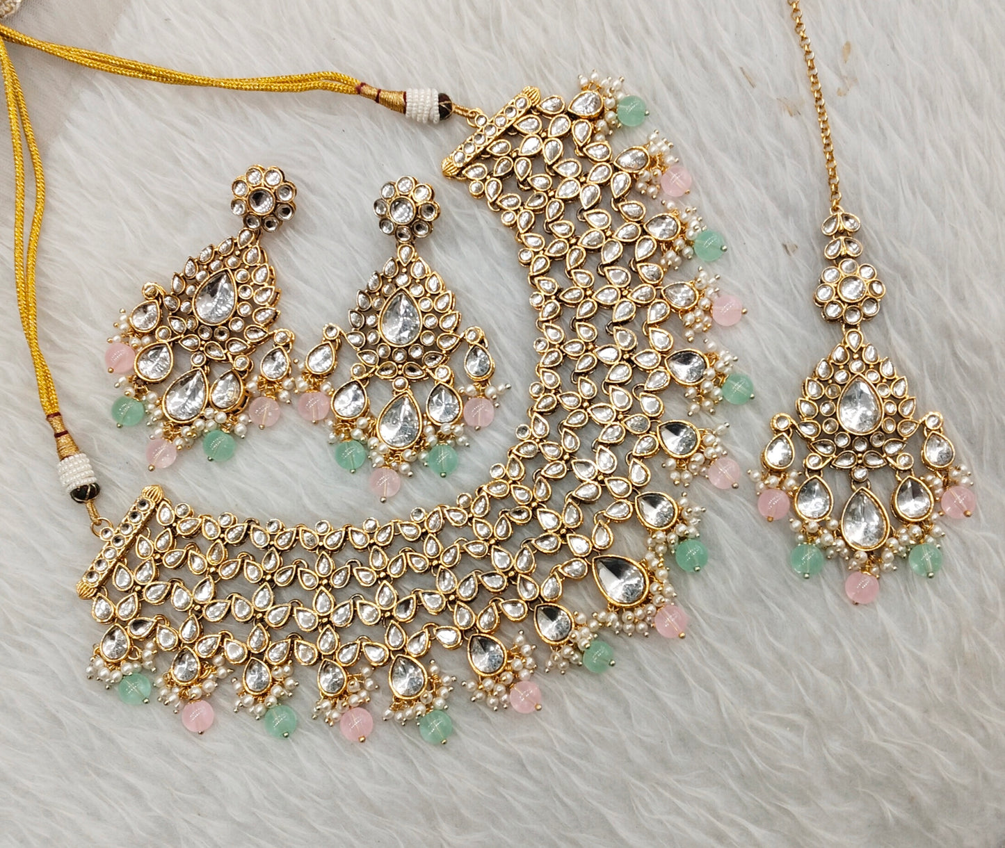 Mint Pink Gold Kundan Necklace Jewellery Rishab Set