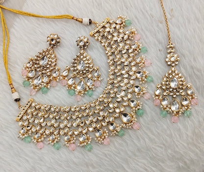 Mint Pink Gold Kundan Necklace Jewellery Rishab Set
