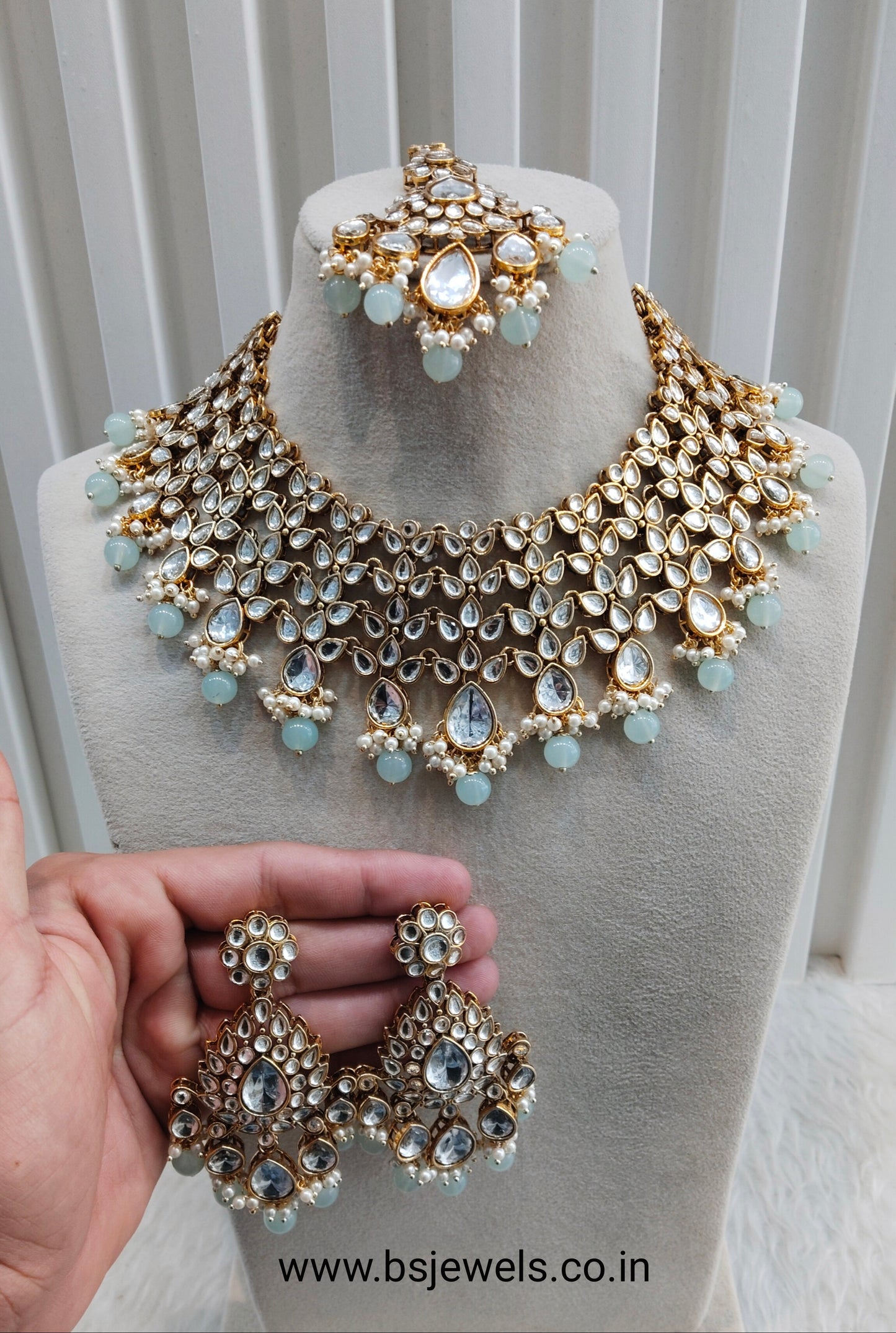 Sea Green Gold Kundan Necklace Jewellery Rishab Set