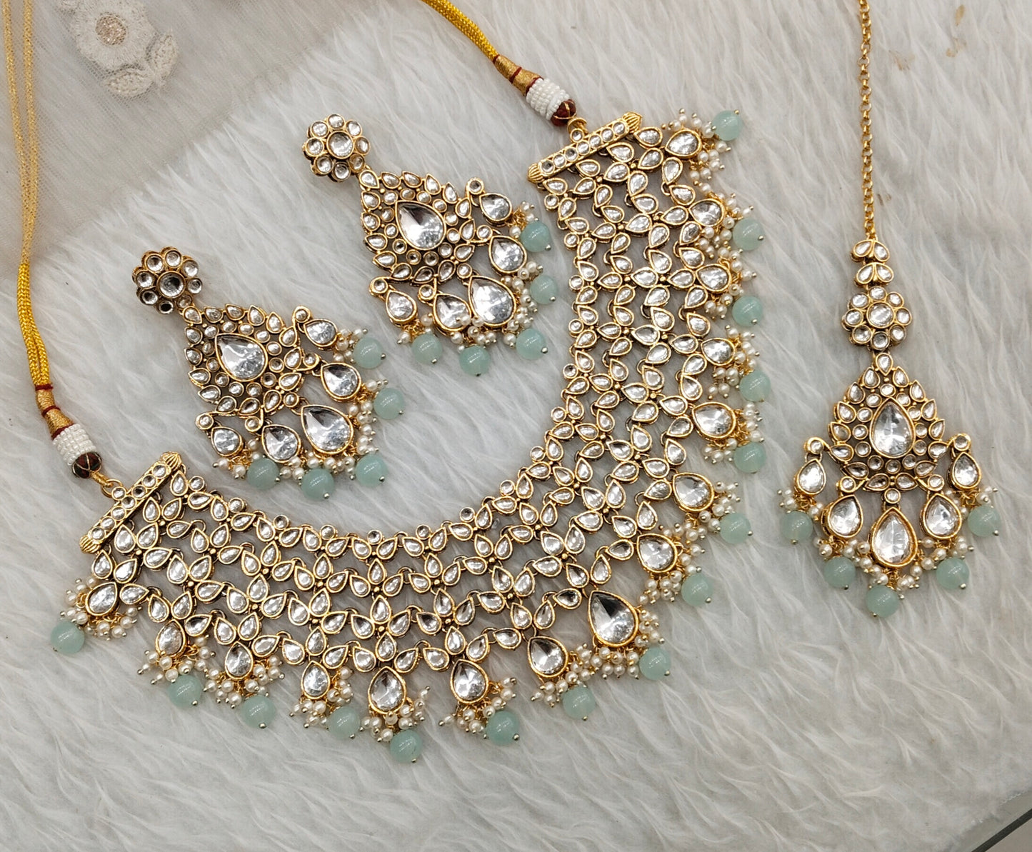 Sea Green Gold Kundan Necklace Jewellery Rishab Set