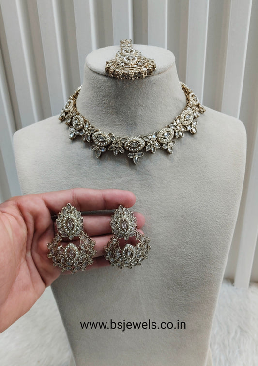 Antique Gold Clear Stone Necklace Jewellery Jaiswal Set