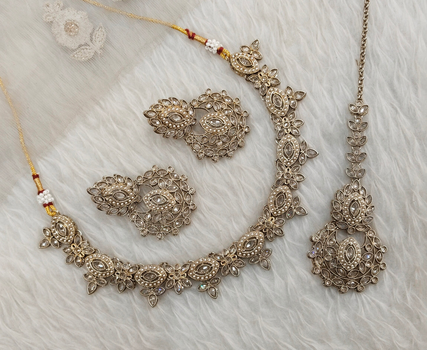 Antique Gold Clear Stone Necklace Jewellery Jaiswal Set