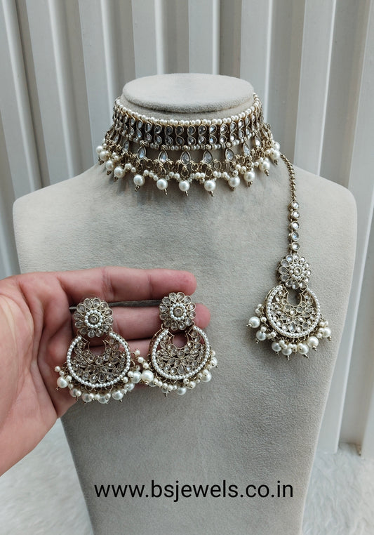 Antique Gold Clear Stone Choker Jewellery Jaiswal Set