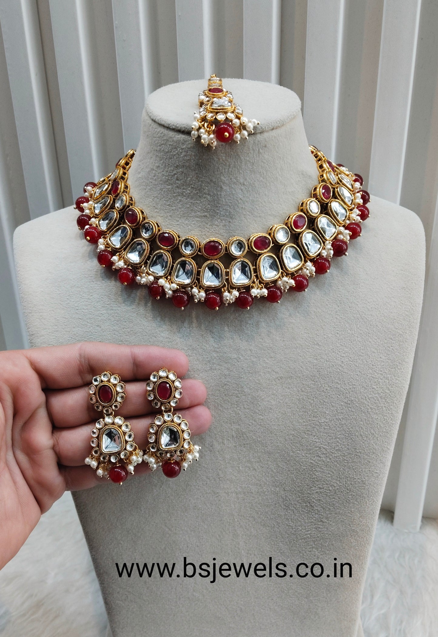 Maroon Gold Kundan Necklace Jewellery Rishi Set