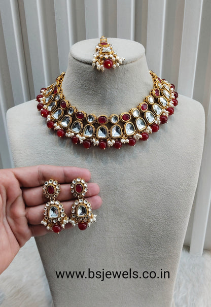 Maroon Gold Kundan Necklace Jewellery Rishi Set