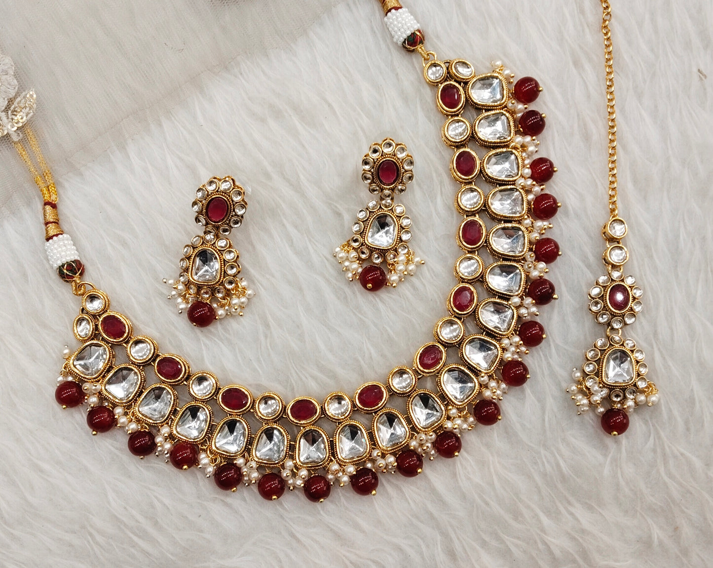Maroon Gold Kundan Necklace Jewellery Rishi Set