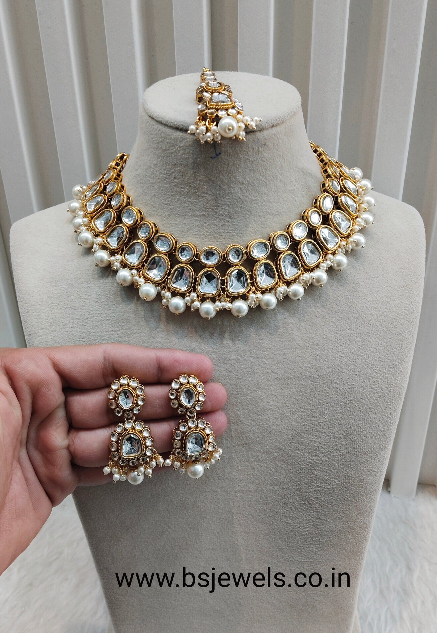 White Gold Kundan Necklace Jewellery Rishi Set