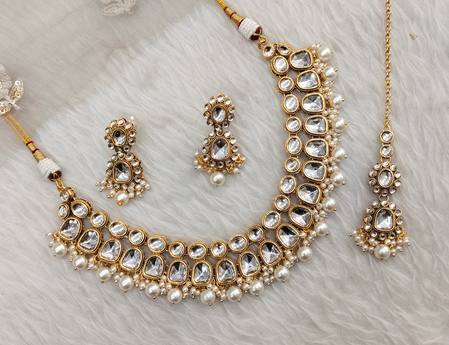White Gold Kundan Necklace Jewellery Rishi Set