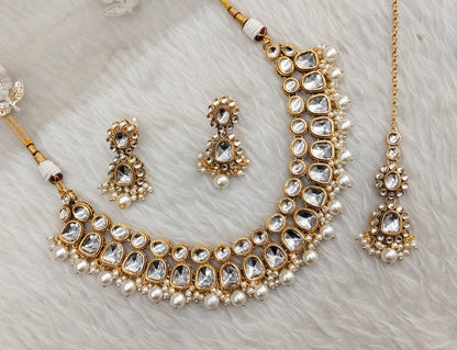White Gold Kundan Necklace Jewellery Rishi Set