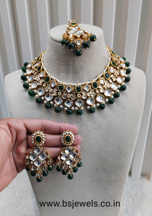 Green Gold Kundan Necklace Jewellery Rishi Set