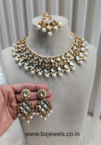 White Gold Kundan Necklace Jewellery Rishi Set