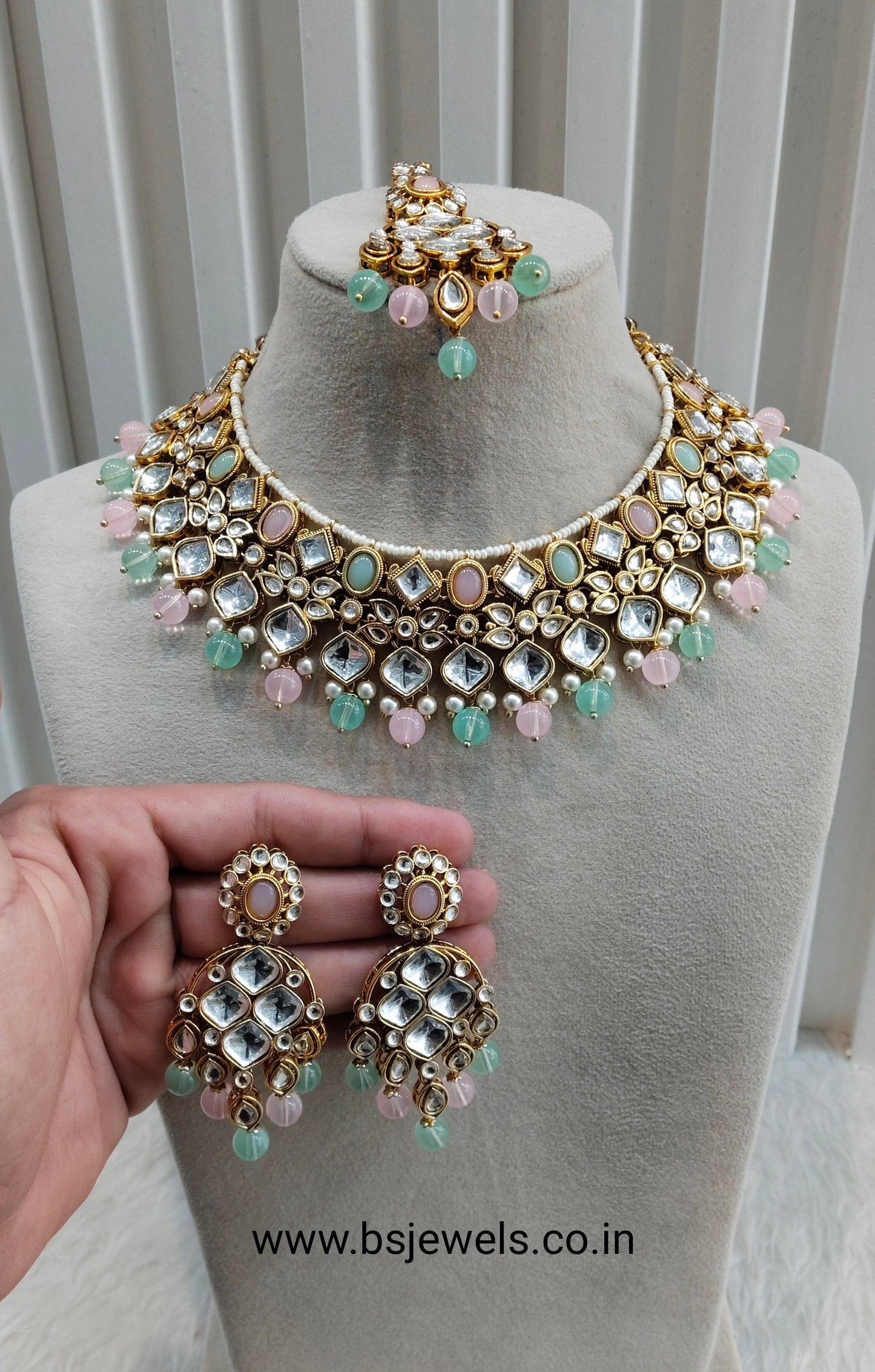 Mint Pink Gold Kundan Necklace Jewellery Rishi Set