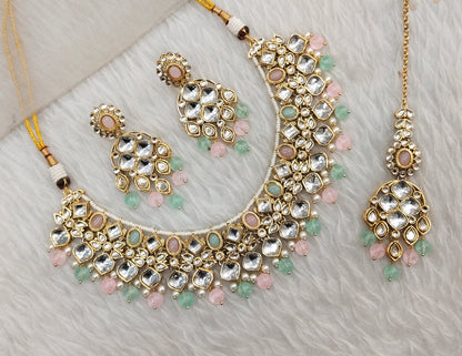 Mint Pink Gold Kundan Necklace Jewellery Rishi Set