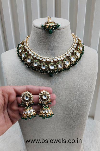 Green Gold Kundan Necklace Jewellery Resham Set