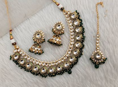 Green Gold Kundan Necklace Jewellery Resham Set