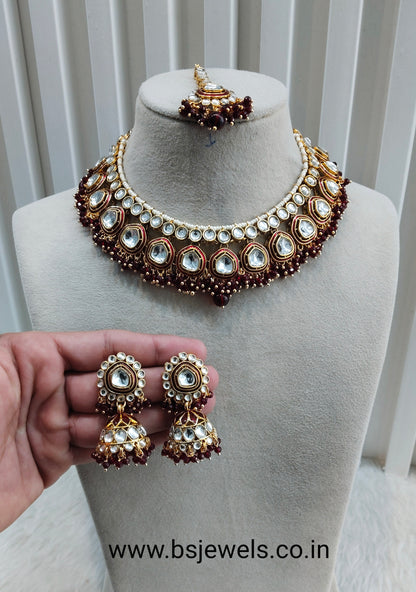 Maroon Gold Kundan Necklace Jewellery Resham Set