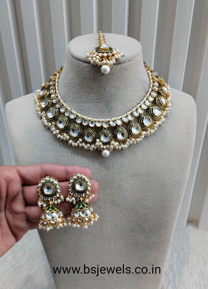 White Gold Kundan Necklace Jewellery Resham Set