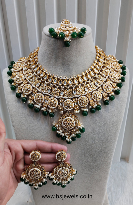 Green Gold Kundan Necklace Jewellery Resham Set